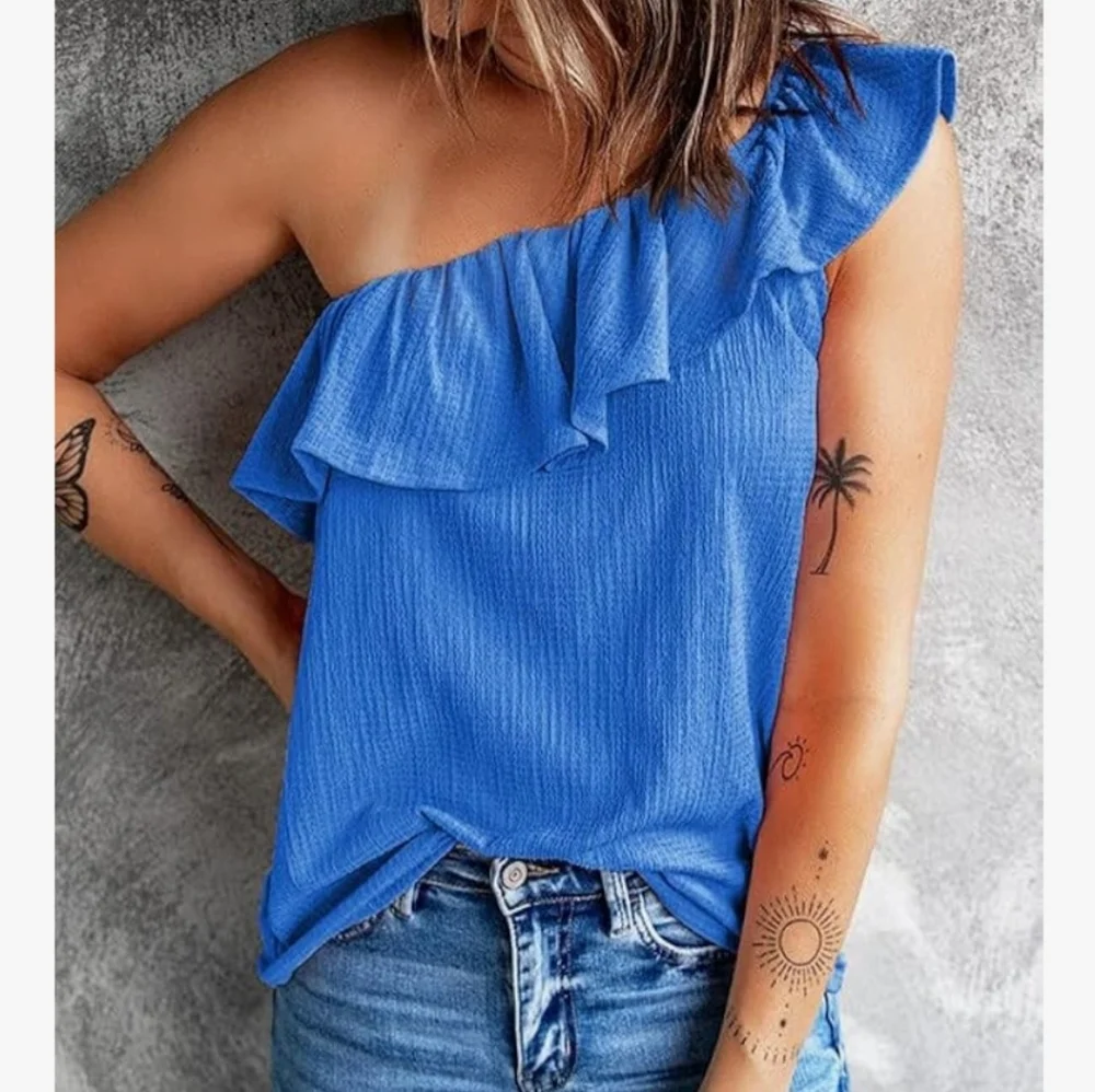 Stylish Blue Ruffle One-Shoulder Blouse - Picture 1 of 2
